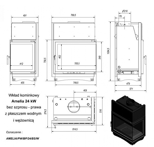 Каминная топка Amelia/PW/BP/24/BS/W с водяным контуром угловое стекло справа, змеевик_1